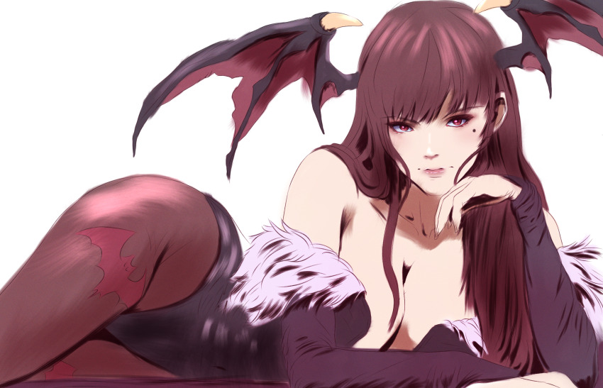 1girl absurdres banmin banmin_chan breasts brown_hair colored_skin cosplay darkstalkers eizoku_shizu eyeshadow eyeshadow_under_eye head_wings highres hime_cut large_breasts lipstick long_hair makeup mole morrigan_aensland morrigan_aensland_(cosplay) mountainbro pale_skin permabanned red_eyes thick_thighs thighs virtual_youtuber white_skin wings