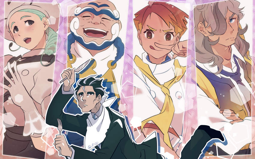 1girl 4boys apron arven_(pokemon) ascot bald beard black_hair black_jacket black_pants blue_apron brown_ascot brown_eyes buttons chef chef_hat closed_eyes closed_mouth collared_shirt crispin_(pokemon) crossed_arms facial_hair fork gloves green_hair grey_hair hair_over_one_eye hat highres holding holding_fork holding_knife jacket katy_(pokemon) knife kofu_(pokemon) larry_(pokemon) light_brown_hair light_green_hair long_sleeves maruboku medium_hair mole mole_on_cheek multicolored_hair multiple_boys neckerchief necktie nintendo open_clothes open_mouth open_vest orange_hair pants pokemon pokemon_sv purple_necktie red_hair school_uniform shirt short_hair short_sleeves side_ponytail smile streaked_hair tongue tongue_out two-tone_hair unibrow uva_academy_school_uniform vest white_hair yellow_neckerchief