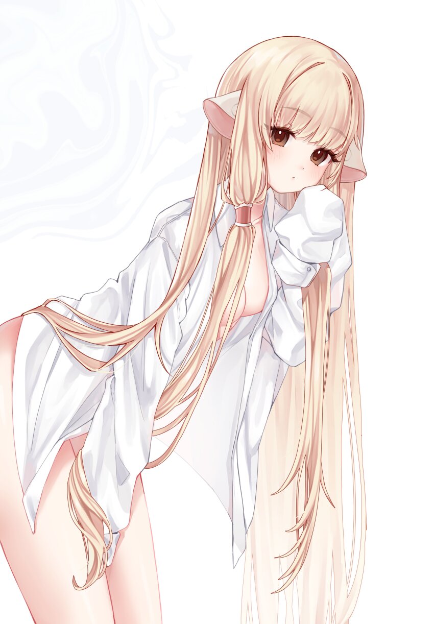 1girl absurdly_long_hair absurdres bare_legs blonde_hair blunt_bangs breasts brown_eyes chii chobits closed_mouth collared_shirt cowboy_shot dot_mouth dot_nose expressionless from_side hair_between_eyes hand_between_thighs highres hiruchii_(hiruruchyan) humanoid_robot leaning_forward long_hair long_sleeves looking_at_viewer naked_shirt no_bra no_panties open_clothes open_shirt persocom robot robot_ears shirt simple_background sleeves_past_fingers sleeves_past_wrists small_breasts solo standing very_long_hair white_background white_shirt
