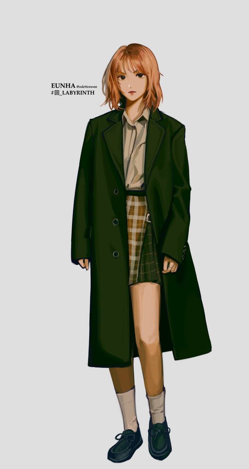 1girl adirosa album_name artist_name_(singer) black_coat black_shoes coat collared_shirt commentary english_commentary eunha_(gfriend) full_body gfriend highres jewelry k-pop looking_at_viewer real_life ring shirt shirt_tucked_in shoes short_hair simple_background skirt socks solo white_socks