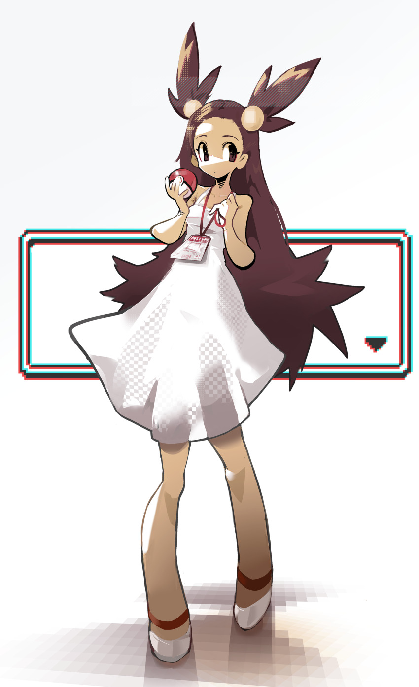 1girl absurdres breasts brown_eyes brown_hair closed_mouth dot_mouth dress full_body hair_bobbles hair_ornament highres holding holding_poke_ball id_card jasmine_(pokemon) long_hair nintendo poke_ball poke_ball_(basic) pokemon pokemon_gsc shakeeeeeeeee shoes simple_background sleeveless sleeveless_dress small_breasts standing two_side_up very_long_hair white_dress