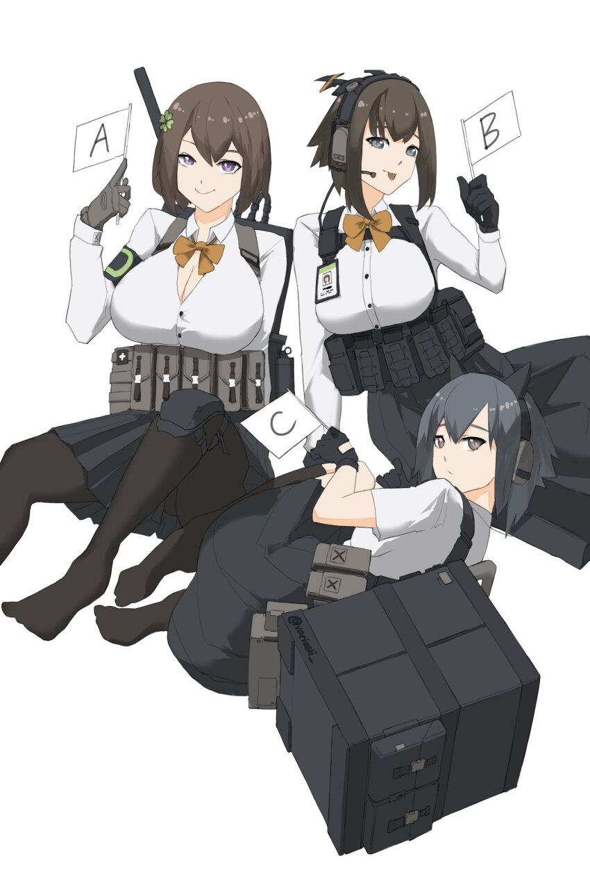 3girls ammunition_pouch black_gloves bow bowtie breasts brown_hair cleavage collared_shirt commentary english_commentary girls&#039;_frontline gloves grey_eyes hair_ornament headset highres holding id_card large_breasts looking_at_viewer medium_breasts mk_47_(girls&#039;_frontline) multiple_girls no_shoes pantyhose pleated_skirt pouch shirt short_hair simple_background skirt smile tongue tongue_out variasii white_background white_shirt