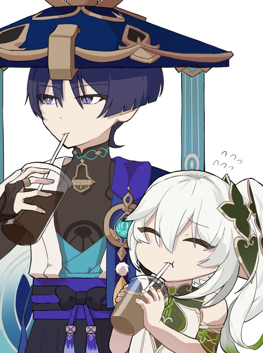 1boy 1girl anemo_symbol_(genshin_impact) aqua_gemstone armlet belt black_belt black_bodysuit black_bow black_bridal_gauntlets black_hair black_shorts blue_hat blue_kimono blunt_ends bodysuit bow bridal_gauntlets bright_pupils cape cheek_bulge closed_eyes colored_tips consonant_n cup detached_sleeves disposable_cup dress drinking drinking_straw feathers fingernails flying_sweatdrops gem genshin_impact gold gold_ring gold_trim green_sleeves hair_between_eyes hakama hakama_shorts han&#039;eri hat height_difference highres holding holding_cup japanese_clothes jewelry jingasa kimono layered_kimono long_hair looking_to_the_side mandarin_collar middle_ring multicolored_hair nahida_(genshin_impact) open_clothes open_kimono pleated_shorts pom_pom_(clothes) purple_cape purple_eyes purple_rope purple_sash rope sash scaramouche_(genshin_impact) shorts side-by-side side_ponytail sidelocks tassel vision_(genshin_impact) wanderer_(genshin_impact) white_background white_dress white_hair white_kimono white_pupils white_sleeves yellow_feathers