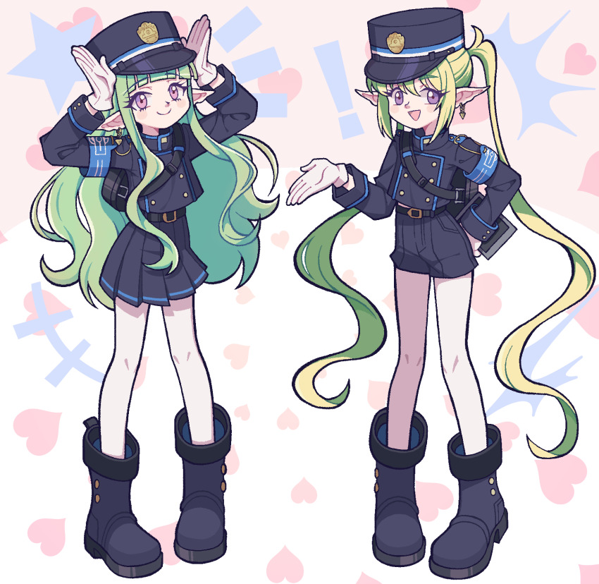armband bag blonde_hair blue_archive boots buttons castussan commission commissioner_upload cosplay earrings fire_emblem fire_emblem_awakening gloves green_hair hat highres hikari_(blue_archive) hikari_(blue_archive)_(cosplay) jacket jewelry long_hair mother_and_daughter nah_(fire_emblem) nintendo non-web_source nowi_(fire_emblem) nozomi_(blue_archive) nozomi_(blue_archive)_(cosplay) pantyhose pointy_ears purple_eyes shorts shoulder_bag single_earring skirt tablet_pc white_gloves white_pantyhose