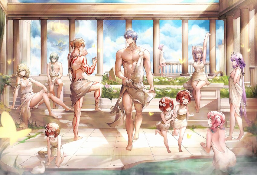 3boys 6+girls abs adjusting_hair against_pillar aglaea_(honkai:_star_rail) alternate_costume anaxa_(honkai:_star_rail) ancient_greek_clothes antenna_hair architecture arm_behind_back arm_tattoo back_tattoo bare_pectorals bathhouse blonde_hair blue_hair blue_sky breasts castorice_(honkai:_star_rail) chiton cipher_(honkai:_star_rail) commentary cyrene_(honkai:_star_rail) dress english_commentary facial_tattoo flower gradient_hair greco-roman_architecture greco-roman_clothes hair_between_eyes hair_flower hair_ornament hair_over_shoulder hair_tie hand_up hands_up highres holding holding_hair_tie honkai:_star_rail honkai_(series) hyacine_(honkai:_star_rail) leg_tattoo long_hair medium_breasts medium_hair multicolored_hair multiple_boys multiple_girls mydei_(honkai:_star_rail) pectorals phainon_(honkai:_star_rail) pillar pink_hair pointy_ears purple_hair red_hair red_tattoo short_hair sitting sky small_breasts sun_symbol sun_tattoo tan tappeee tattoo tiara toned toned_male trianne_(honkai:_star_rail) tribbie_(honkai:_star_rail) trinnon_(honkai:_star_rail) twintails very_long_hair white_dress white_hair