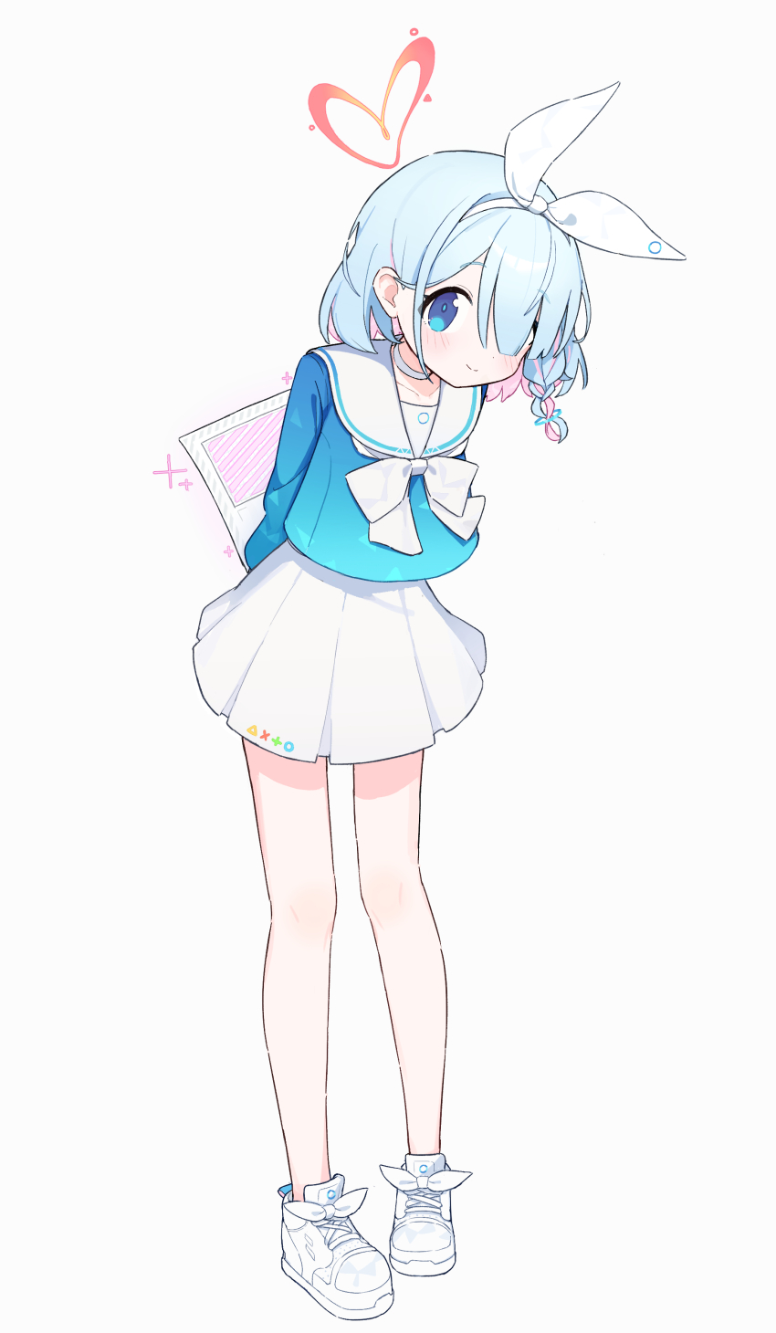 1girl absurdres ame_miya_ta arms_behind_back arona_(blue_archive) blue_archive blue_eyes blue_hair blue_shirt blush closed_mouth colored_inner_hair commentary full_body hair_over_one_eye hairband halo heart heart_halo highres holding leaning_forward long_hair looking_at_viewer multicolored_hair pink_hair red_halo school_uniform serafuku shirt shoes simple_background skirt smile solo standing white_background white_hairband white_shoes white_skirt