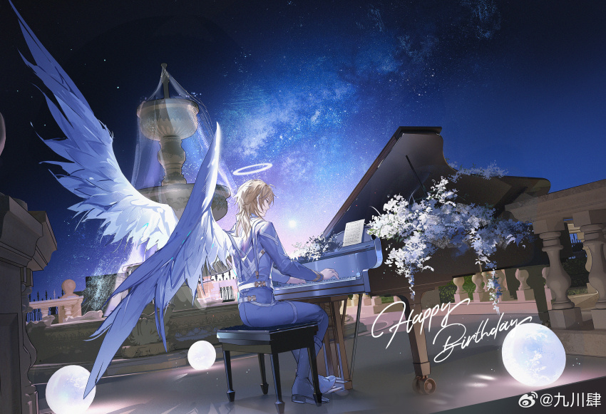 1boy absurdres alkaid_mcgrath angel angel_wings belt blonde_hair blue_pants blue_shirt boots chinese_commentary closed_mouth feathered_wings flower fountain from_side full_body grand_piano green_eyes hair_between_eyes halo happy_birthday highres instrument jiuchuansi light_particles long_sleeves looking_down lovebrush_chronicles male_focus medium_hair moon music night night_sky orb outdoors pants piano piano_bench plant playing_instrument playing_piano profile railing sheet_music shirt shoulder_strap sitting sky smile solo star_(sky) starry_sky thigh_strap traditional_halo watermark weibo_watermark white_belt white_boots white_flower white_wings wings