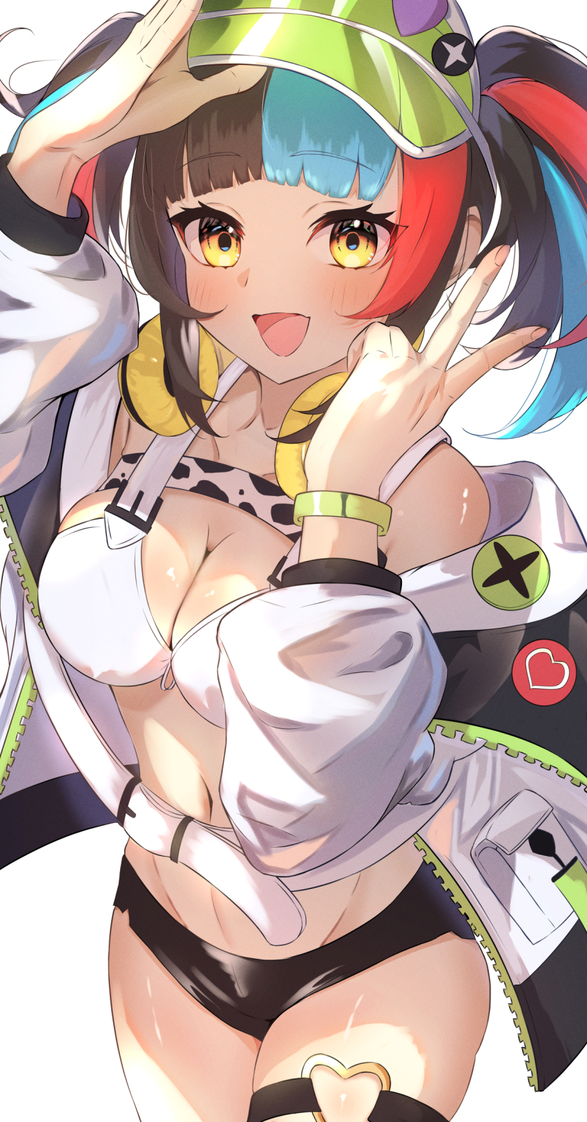 1girl absurdres badge bare_shoulders bikini black_hair black_shorts blue_hair blush breasts button_badge cleavage fate/grand_order fate_(series) green_hat hat headphones headphones_around_neck highres jacket large_breasts long_hair long_sleeves looking_at_viewer multicolored_hair navel off_shoulder open_clothes open_jacket open_mouth red_hair sei_shounagon_(fate) sei_shounagon_(swimsuit_berserker)_(fate) sei_shounagon_(swimsuit_berserker)_(first_ascension)_(fate) short_shorts shorts sidelocks smile solo swimsuit thigh_strap thighs twintails umi_endu visor_cap white_bikini white_jacket yellow_eyes