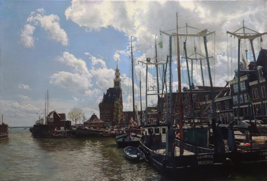 absurdres boat building cloud cloudy_sky day harbor highres house mast naohiro_ito original reflection rope rowboat sail scenery shore shroud_(sailing) sky tower town tree watercraft