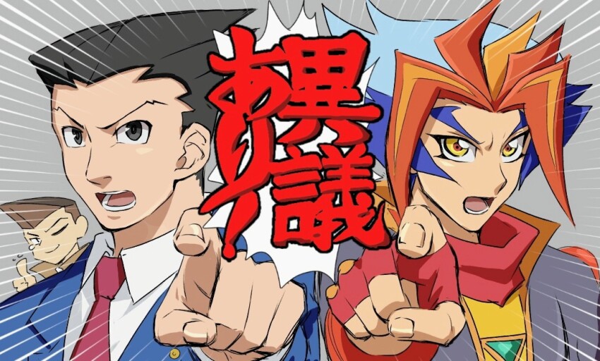 3boys ace_attorney alternate_form black_eyes black_hair blazer blue_hair blue_jacket bodysuit brown_hair brown_jacket chaya_mago colored_bangs commentary crossover dress_shirt emphasis_lines facial_mark facing_viewer fingerless_gloves formal_clothes gloves grey_background grey_bodysuit hair_slicked_back homura_takeru honda_hiroto in-franchise_crossover index_finger_raised jacket looking_at_viewer male_focus multiple_boys multiple_crossover necktie objection one_eye_closed open_mouth outstretched_arm outstretched_arms parody phoenix_wright pointing pointing_at_viewer popped_collar red_gloves red_necktie red_scarf scarf shirt shoulder-to-shoulder shoulder_pads side-by-side smile soulburner speech_bubble spiked_hair thumbs_up white_shirt yellow_eyes yu-gi-oh! yu-gi-oh!_duel_monsters yu-gi-oh!_vrains
