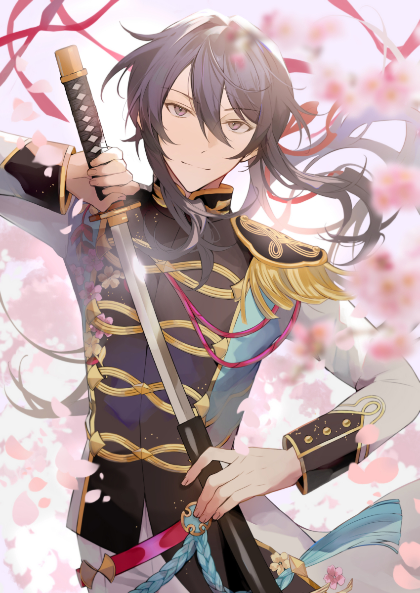 1boy arm_up belt bishounen black_sleeve_cuffs blurry blurry_foreground buttons cherry_blossoms cowboy_shot depth_of_field double-breasted ensemble_stars! epaulettes falling_petals floating_hair floral_print_jacket gleam hair_between_eyes hair_intakes hair_ribbon high_collar highres holding holding_sheath holding_sword holding_weapon jacket kanzaki_souma kaoso katana long_hair long_sleeves looking_at_viewer male_focus military_uniform official_alternate_costume pants petals pink_petals ponytail purple_eyes purple_hair red_belt red_ribbon ribbon scabbard sheath sidelocks single_epaulette smile solo sword unsheathing weapon white_background white_jacket white_pants