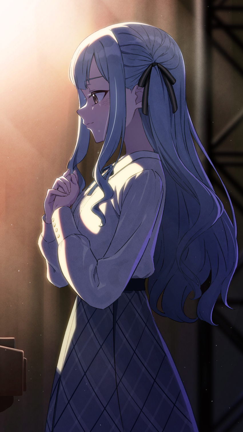 1girl absurdres bang_dream! bang_dream!_it&#039;s_mygo!!!!! black_ribbon blue_hair closed_mouth commentary crying crying_with_eyes_open grey_skirt hair_ribbon highres light_particles long_hair long_sleeves nuenue own_hands_together plaid_clothes plaid_skirt ribbon shirt sidelocks skirt solo tears togawa_sakiko white_shirt yellow_eyes