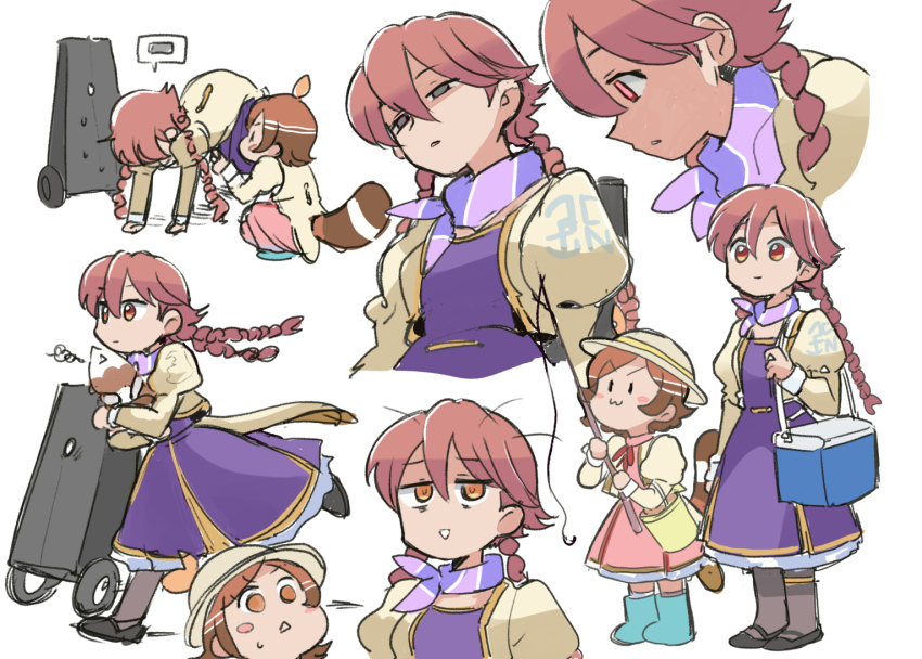2girls apocalypse_hotel ascot braid brown_eyes brown_hair cropped_jacket dress kankyou_check_robo long_sleeves multicolored_scarf multiple_girls non-humanoid_robot pink_hair ponko_procione puffy_sleeves purple_ascot robot scarf simple_background tsubobot twin_braids twintails white_background yachiyo_(apocalypse_hotel)