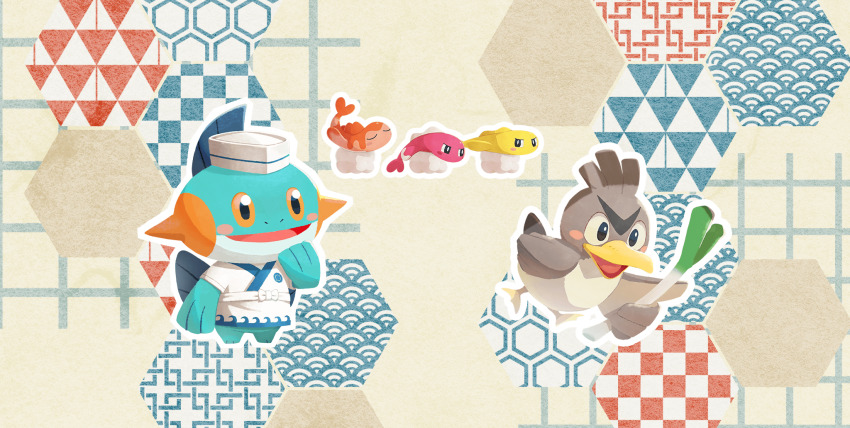 :d apron artist_request blush blush_stickers closed_eyes farfetch&#039;d food full_body gen_1_pokemon gen_3_pokemon hat highres holding holding_food holding_spring_onion holding_vegetable marshtomp marshtomp_(sushi_chef) nintendo no_humans official_art open_mouth orange_eyes outline pokemon pokemon_(creature) pokemon_cafe_remix pokemon_focus shirt smile spring_onion tatsugiri tatsugiri_(curly) tatsugiri_(droopy) tatsugiri_(stretchy) third-party_source vegetable white_apron white_hat white_outline white_shirt