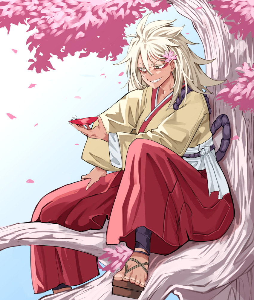 absurdres antares_topaz bad_link blonde_hair blue_sky cherry_blossoms clothing_request cloud cloudy_sky cup evil_smile eyeshadow falling_leaves fingernails geta hand_on_own_leg highres in_tree isonash_(rahmid6) japanese_clothes leaf long_fingernails long_hair looking_at_object makeup messy_hair red_eyeshadow rope_belt sakazuki scar scar_across_eye scar_on_face sharp_fingernails sharp_teeth sitting sitting_in_tree sky smile star_linker teeth toenails tree yellow_eyes