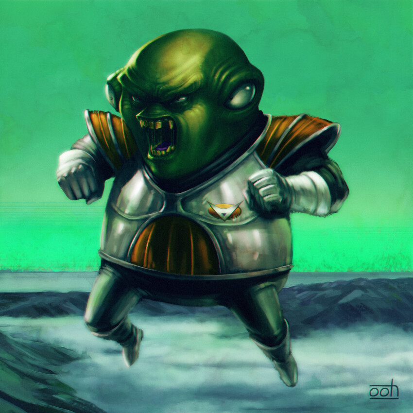 1boy armor colored_skin colored_teeth dragon_ball dragonball_z extra_eyes full_body ginyu_force green_skin green_sky guldo highres horror_(theme) ooh realistic sky teeth wrist_guards yellow_teeth