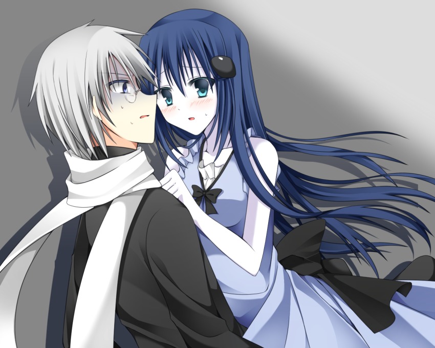 1boy 1girl ao_oni aqua_eyes bad_id bad_nicoseiga_id blue_eyes blush dress gender_request genderswap glasses hair_ornament hiroshi_(ao_oni) long_hair looking_at_another open_mouth pale_skin personification round_eyewear scarf sheepfold0613 sidelocks silver_hair simple_background sweatdrop the_oni_(ao_oni)