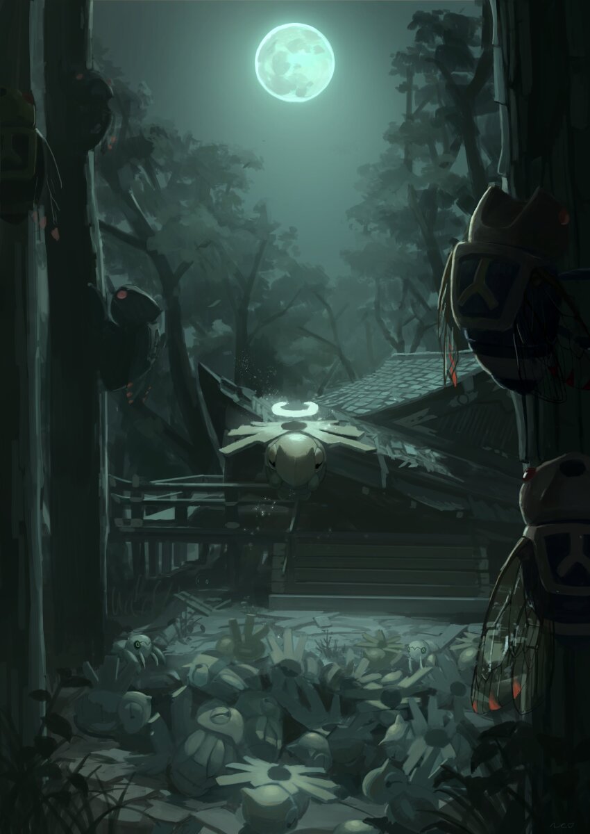 absurdres building commentary_request evolutionary_line facing_viewer fence flying gen_3_pokemon glowing halo highres king_joe_(neoroto) moon night nincada ninjask nintendo no_humans outdoors pokemon pokemon_(creature) shadow shedinja sky tree