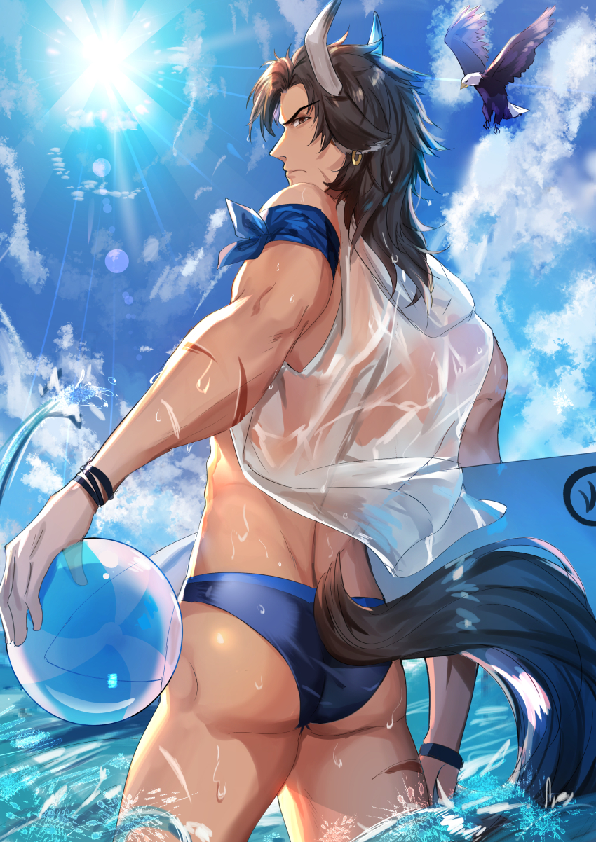 1boy absurdres animal_ears arknights ass ball bara bird blue_male_swimwear blue_sky brown_eyes brown_hair cow_boy cow_ears cow_horns eagle feet_out_of_frame from_behind from_below highres holding holding_surfboard horns looking_at_viewer looking_back male_focus male_swimwear matterhorn_(arknights) matterhorn_(beach_guard)_(arknights) official_alternate_costume see-through_clothes see-through_swimsuit shanguier sky solo surfboard swimsuit thighs toned toned_male volleyball volleyball_(object) wet wet_clothes