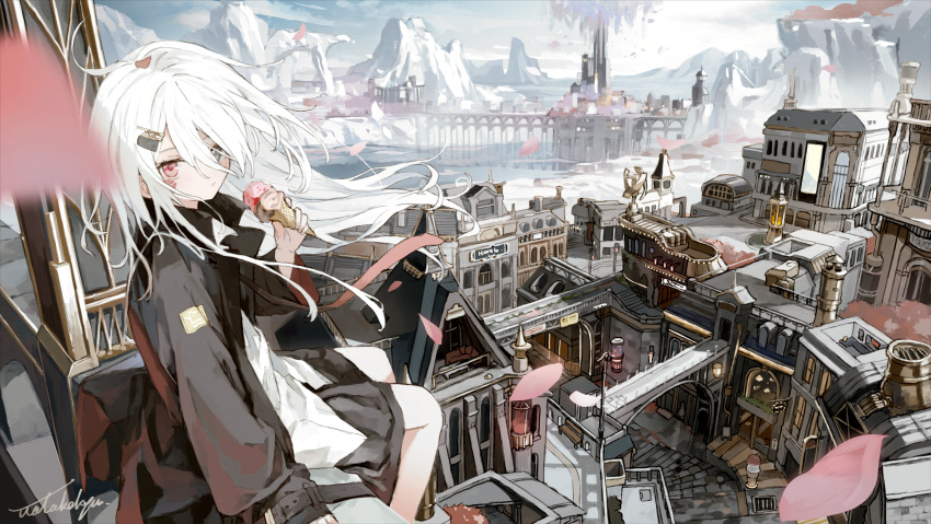 1girl bridge city food heterochromia highres holding holding_food holding_ice_cream ice_cream iceberg looking_at_viewer original petals road sitting street watakokyu white_hair