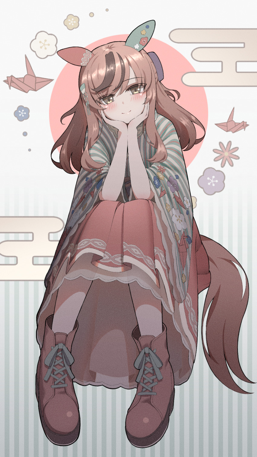 1girl animal_ears brown_eyes brown_footwear brown_hair ear_covers hair_between_eyes hair_down highres horse_ears horse_girl japanese_clothes kimono long_sleeves looking_at_viewer medium_hair multicolored_hair nice_nature_(converging_wishes)_(umamusume) nice_nature_(umamusume) nsb36046_(na) official_alternate_costume official_alternate_hairstyle origami paper_crane sitting solo streaked_hair striped_clothes striped_kimono umamusume vertical-striped_clothes vertical-striped_kimono wide_sleeves