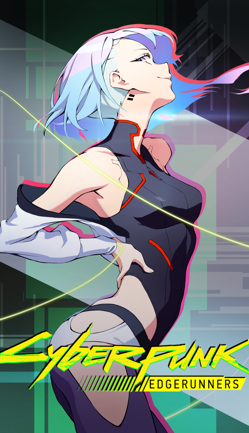 1girl abstract_background absurdres alohayuja bare_shoulders black_bodysuit blue_hair bodysuit breasts commentary_request copyright_name cowboy_shot cyberpunk_(series) cyberpunk_edgerunners floating_hair from_side grey_eyes grey_pants highres hip_vent jacket looking_at_viewer lucy_(cyberpunk) medium_breasts multicolored_hair off-shoulder_jacket off_shoulder pants pink_hair solo standing turtleneck turtleneck_bodysuit white_jacket