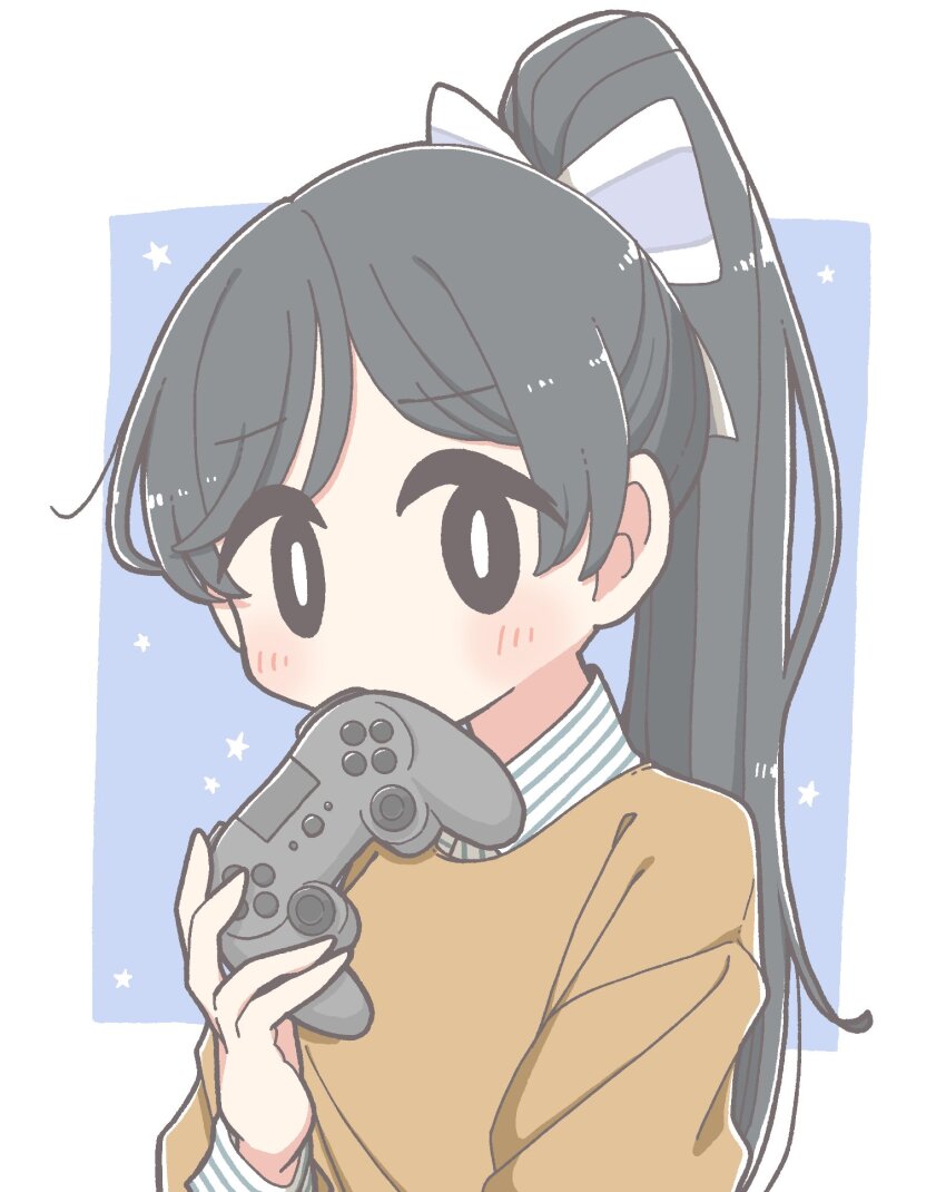1girl black_hair blue_background border bow brown_sweater collared_shirt commentary controller covering_own_mouth dualshock game_controller gamepad hair_bow hazuki_ren high_ponytail highres holding holding_controller holding_game_controller kageta_yu long_hair love_live! love_live!_superstar!! playstation_controller ponytail shirt solo star_(symbol) star_symbol_background striped_clothes striped_shirt sweater upper_body white_border white_bow white_shirt