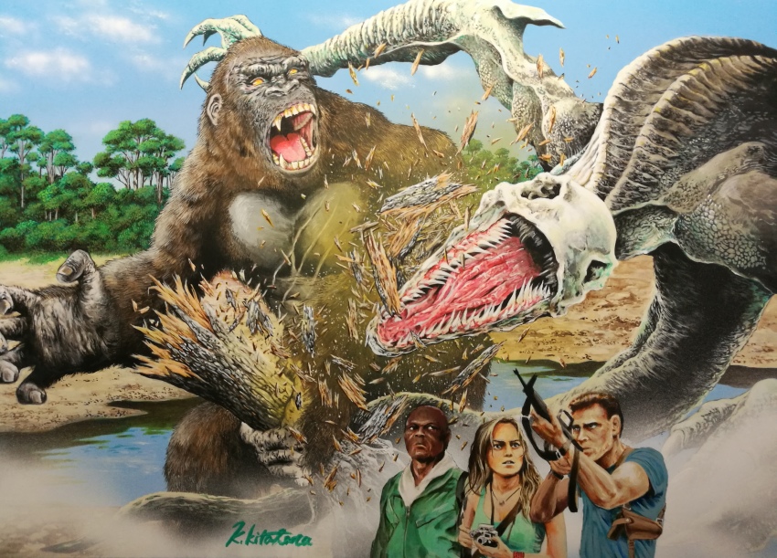 1girl 2boys abs absurdres ape assault_rifle bald blonde_hair camera cloud dark-skinned_male dark_skin emaciated giant giant_monster gorilla gun highres james_conrad kaiju king_kong king_kong_(series) kitahara_kou long_gun long_hair mason_weaver military military_uniform monster monsterverse multiple_boys muscular muscular_male outdoors preston_packard ribs rifle scar scar_on_chest see-through_body short_hair skullcrawler sky tail translucent tree weapon yellow_eyes