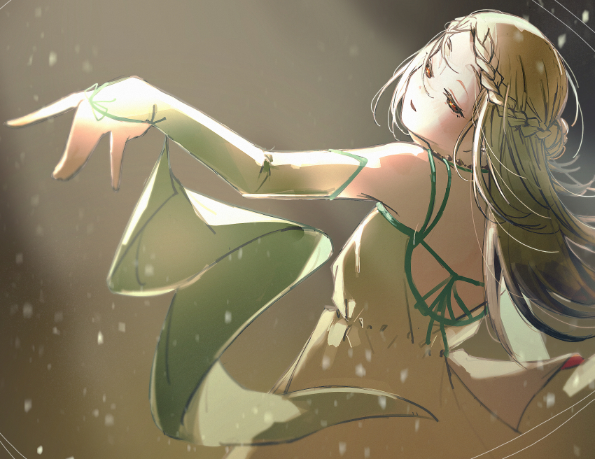 1girl blonde_hair braid braided_bangs detached_sleeves dress forehead gakuen_idolmaster gradient_hair green_dress grey_hair highres idolmaster j_na_p koukei_(idolmaster) light_particles light_smile long_hair looking_to_the_side multicolored_hair official_alternate_costume orange_eyes shinosawa_hiro solo very_long_hair ||/