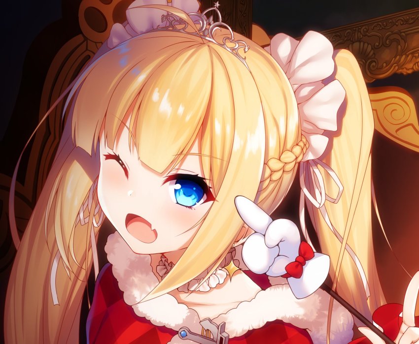 1girl :d ahoge amazon_(azur_lane) amazon_(little_orchestra)_(azur_lane) azur_lane blonde_hair blush braid choker collarbone commentary_request fang hair_ornament hair_ribbon hair_scrunchie highres holding looking_at_viewer one_eye_closed open_mouth ponytail raiou ribbon scrunchie sidelocks skin_fang smile tiara twintails upper_body white_ribbon