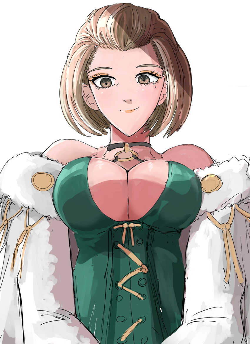 1girl breasts brown_eyes brown_hair choker cleavage fire_emblem fire_emblem:_three_houses hair_slicked_back highres large_breasts lipstick looking_at_viewer makeup manuela_casagranda mature_female nintendo o-ring orange_lips samebousii smile