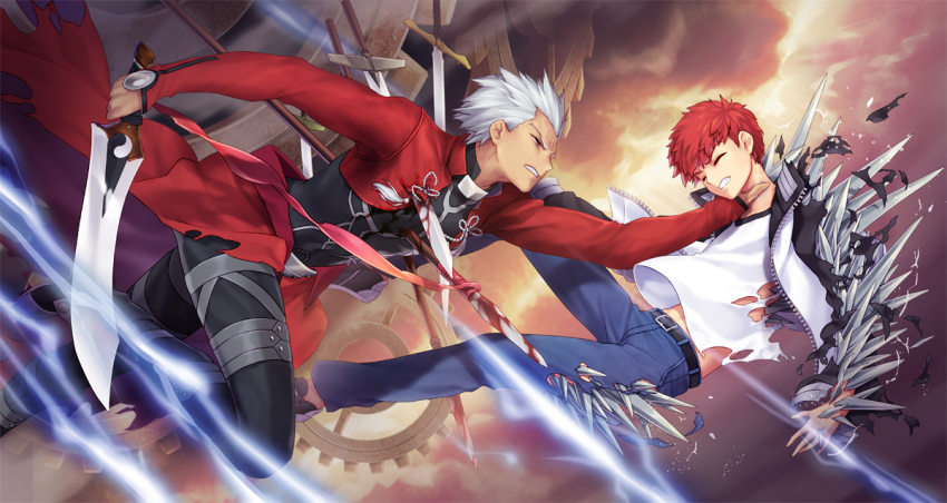 2boys archer_(fate) blood brown_hair dark-skinned_male dark_skin emiya_shirou fate/stay_night fate_(series) impaled jacket kanshou_&amp;_bakuya_(fate) multiple_boys polearm raglan_sleeves shirt short_hair spear spoilers sword torn_clothes torn_jacket torn_shirt unlimited_blade_works_(reality_marble) weapon white_hair yeruen