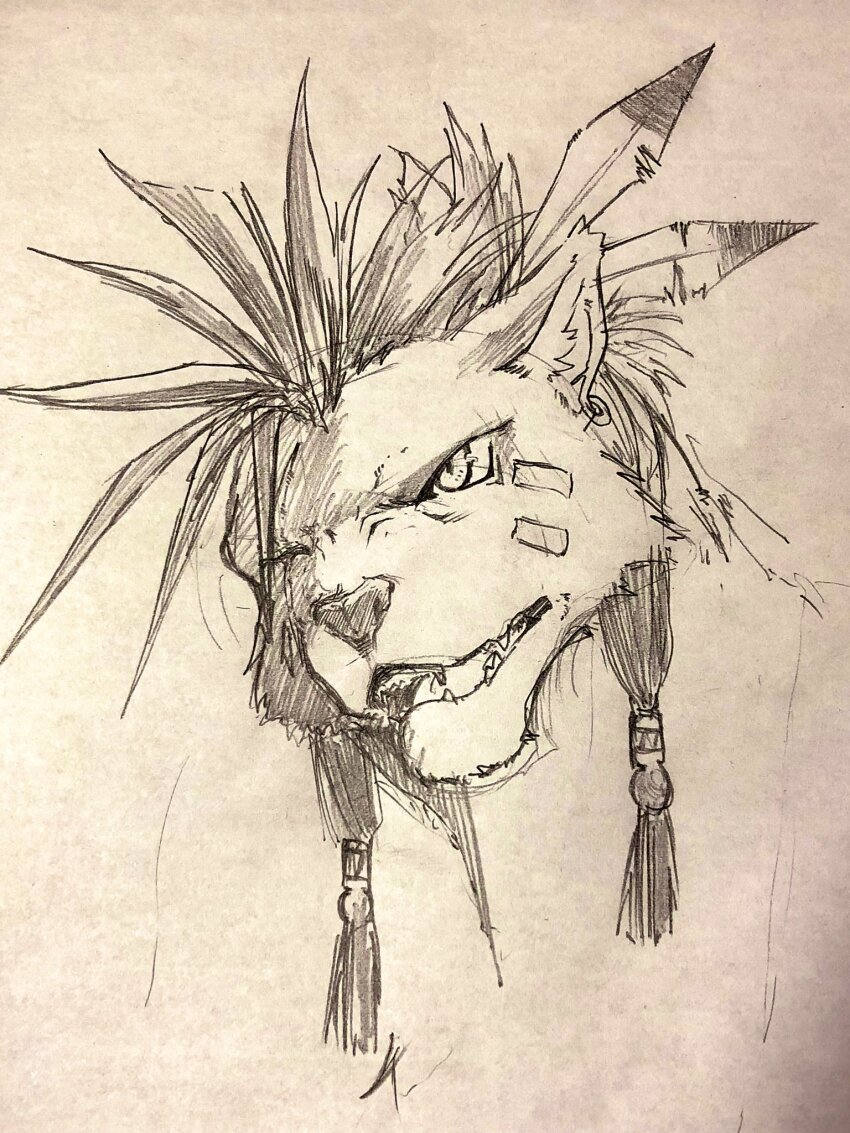 1boy animal_ears animal_nose facial_mark fangs feather_hair_ornament feathers final_fantasy final_fantasy_vii furry furry_male hair_ornament hatching_(texture) highres indeigo15 looking_to_the_side male_focus monochrome one_eye_closed open_mouth paper_(medium) pen_(medium) red_xiii scar scar_across_eye scar_on_face spiked_hair traditional_media