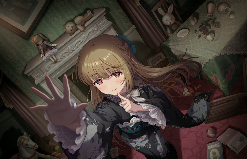 1girl ball black_kimono blush book bowl brown_eyes brown_hair chair curtains doll dress faceless floral_print flower game_cg horse idolmaster idolmaster_cinderella_girls idolmaster_cinderella_girls_starlight_stage japanese_clothes kimono official_art picture_frame plant plate potted_plant shattered smile stuffed_animal stuffed_rabbit stuffed_toy table teddy_bear toy_block twintails yorita_yoshino
