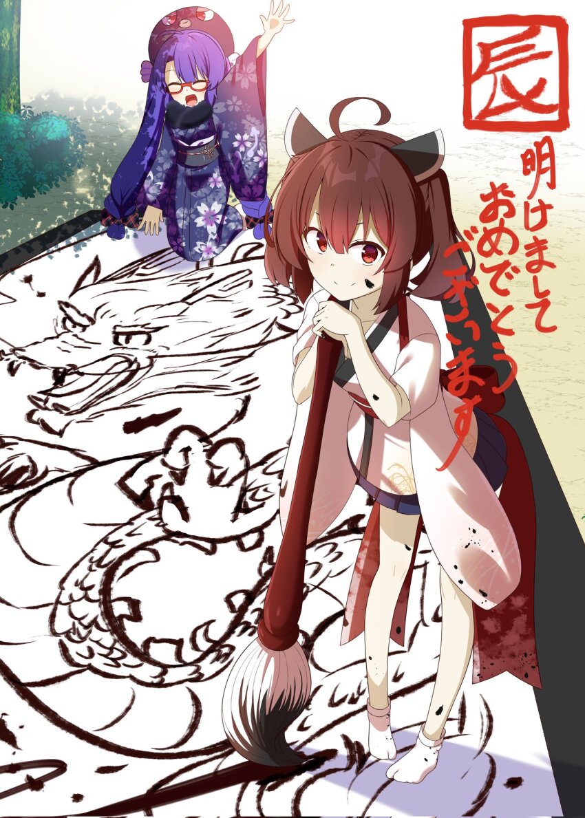2girls ^_^ ahoge animal_hat ankle_socks arm_up asymmetrical_bangs black_scarf blue_hair blue_kimono blue_skirt blunt_bangs braid brown_hair bush calligraphy_brush calligraphy_paper chaakusu cherry_blossom_print chinese_zodiac closed_eyes closed_mouth commentary_request dappled_sunlight dragon eastern_dragon eel_hat floral_print floral_print_kimono full_body fur_scarf giant_brush glasses gradient_clothes gradient_kimono hair_between_eyes hair_ribbon happy_new_year hat hat_ribbon headgear highres holding holding_calligraphy_brush holding_paintbrush ink_on_clothes ink_on_face inkan japanese_clothes kakizome kimono kneeling leaning_forward leaning_on_object light_blush long_hair looking_at_viewer low-braided_long_hair low-tied_long_hair medium_hair miniskirt multiple_girls new_year no_shoes obiage obidome obijime open_mouth otomachi_una otomachi_una_(talkex) outdoors paintbrush pigeon-toed plaid_ribbon pleated_skirt print_kimono red-framed_eyewear red_eyes red_sash ribbon sash scarf semi-rimless_eyewear skirt sleeves_rolled_up smile socks standing sunlight tabi talkex touhoku_kiritan tree twin_braids twintails under-rim_eyewear very_long_hair voiceroid waving white_kimono white_socks wide_sleeves year_of_the_dragon