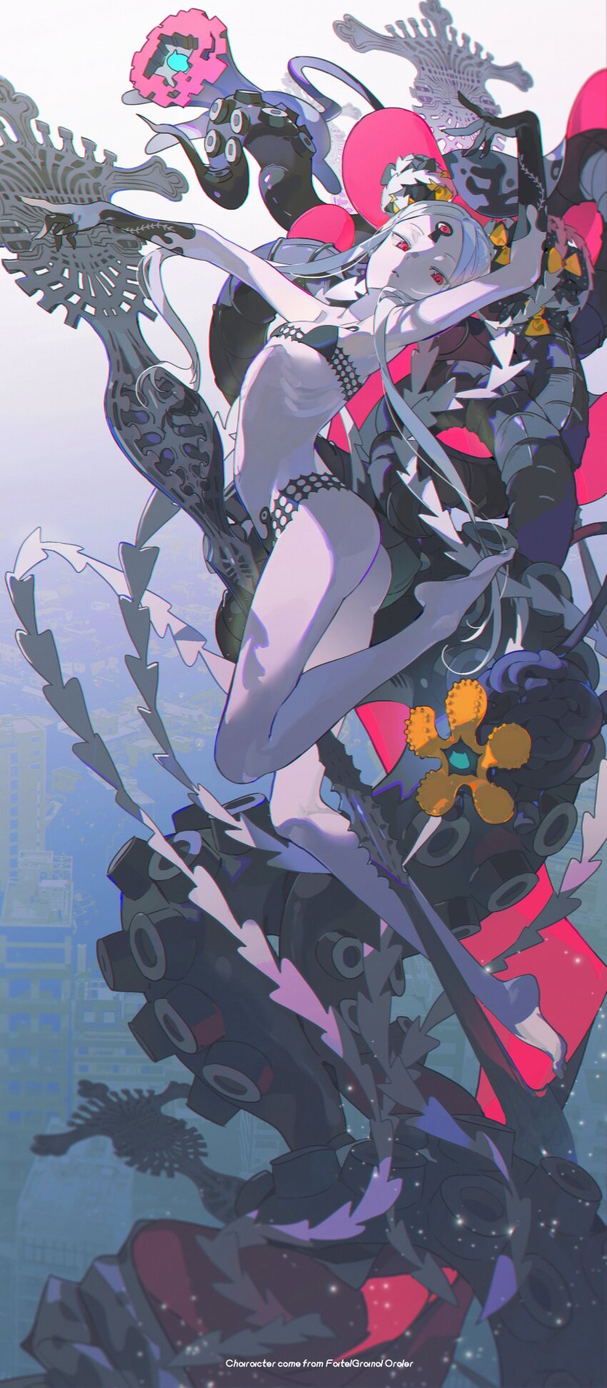 1girl abigail_williams_(fate) abigail_williams_(swimsuit_foreigner)_(fate) abigail_williams_(swimsuit_foreigner)_(first_ascension)_(fate) absurdres arms_up ass bikini black_bikini black_bow black_gloves bow breasts cityscape copyright_name double_bun dynamic_pose english_text fate/grand_order fate_(series) gloves hair_bun highres jumping keyhole long_hair looking_at_viewer midair navel orange_bow pale_skin parted_bangs red_eyes ribs small_breasts solo swimsuit tentacles third_eye two-tone_headwear very_long_hair white_hair z3zz4