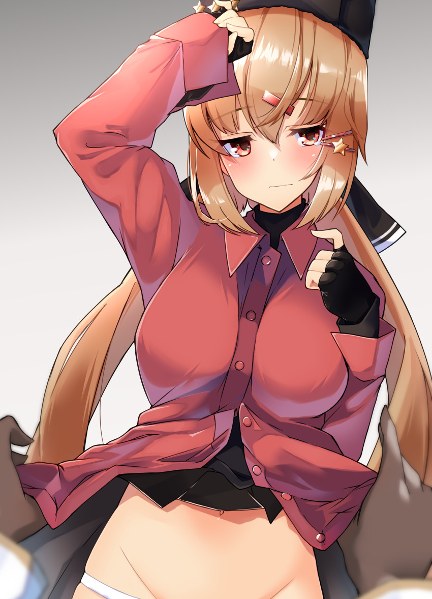1girl absurdres black_bow black_gloves black_hat blouse bow breasts brown_eyes brown_hair collared_shirt fingerless_gloves fur_hat gloves hair_bow hair_ornament hairclip hat highres kantai_collection komb large_breasts long_hair long_sleeves low_twintails navel panties papakha red_shirt shirt solo star_(symbol) star_hair_ornament tashkent_(kancolle) twintails underwear white_panties