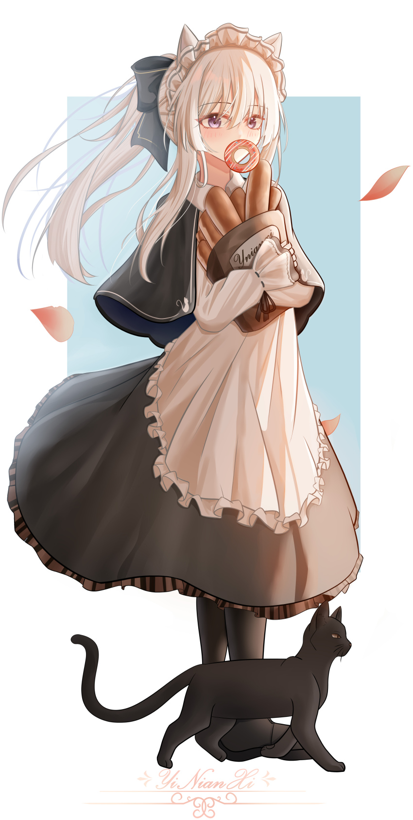 1girl absurdres airtair animal_ears apron bag baguette black_cat black_dress black_thighhighs blush bread cat cat_ears donut dress elaina_(majo_no_tabitabi) eyebrows_hidden_by_hair falling_leaves flat_chest food food_in_mouth full_body hair_between_eyes hair_ribbon highres holding holding_bag large_ribbon leaf long_bangs long_hair maid maid_headdress majo_no_tabitabi purple_eyes ribbon simple_background solo thighhighs white_apron white_hair white_headdress