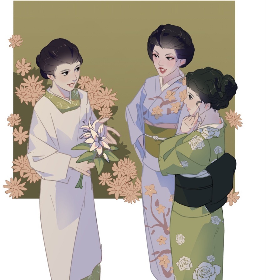 3girls black_eyes black_hair blue_kimono delicourse eyeshadow floral_print floral_print_kimono flower golden_kamuy green_kimono hair_bun hair_pulled_back hair_up highres holding holding_flower igogusa japanese_clothes kaneko_kaeko kenmochi_umeko kimono lipstick makeup multiple_girls obi parted_lips print_kimono sash standing