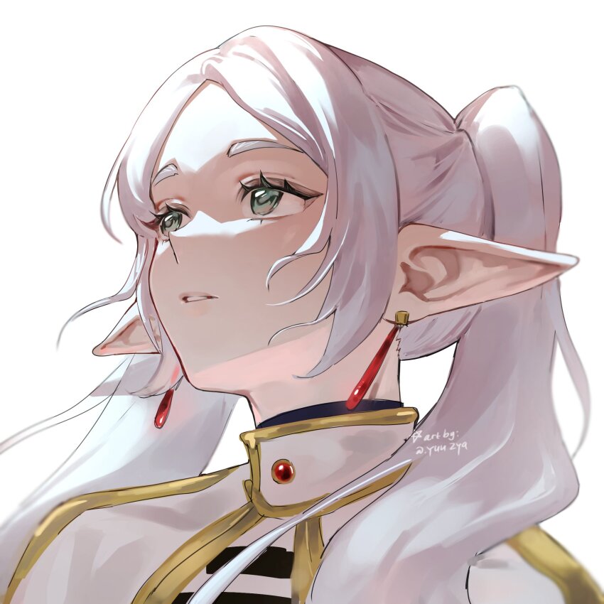 1girl artist_name capelet commentary earrings elf english_commentary eyelashes frieren gold_trim green_eyes hair_over_shoulder highres jewelry long_pointy_ears looking_up parted_bangs parted_lips pointy_ears shirt simple_background solo sousou_no_frieren striped_clothes striped_shirt teardrop_earrings twintails twitter_username upper_body upward_angle_frieren_drawing white_background white_capelet white_hair zyaa