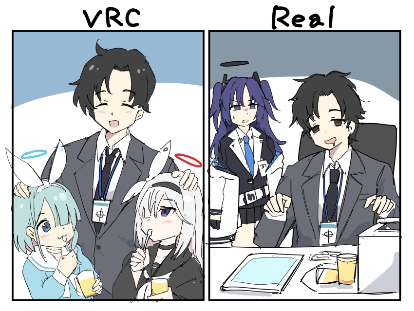 1boy 3girls :3 :d =_= arona_(blue_archive) black_hair black_hairband black_halo black_necktie black_suit blue_archive blue_eyes blue_hair blue_halo blue_necktie blush_stickers bow_hairband chair colored_inner_hair commentary_request disgust drooling eating food formal_clothes grey_suit hairband half-closed_eyes hallucination halo headpat highres lapels long_sleeves looking_back meme multicolored_hair multiple_girls necktie notched_lapels office_chair open_mouth pink_hair plana_(blue_archive) pudding red_halo sensei_(blue_archive) sensei_(blue_archive_the_animation) short_hair sitting smile standing suit swivel_chair tablet_pc tenten_(chan4545) vrchat_vs_reality_(meme) white_hair white_hairband yuuka_(blue_archive)
