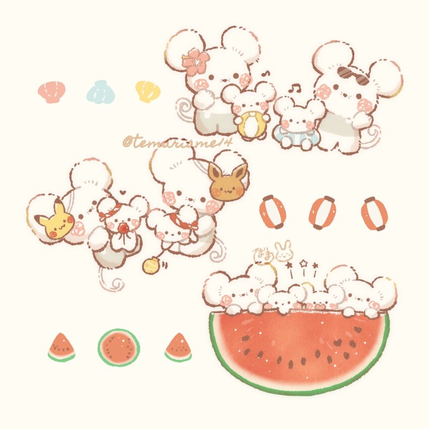 ball beachball beamed_eighth_notes character_mask commentary_request eevee eighth_note eyewear_on_head flower food fruit full_body gen_1_pokemon hair_flower hair_ornament heart highres innertube mask mask_on_head maushold maushold_(family_of_four) musical_note nintendo no_humans pikachu pink_flower pokemon pokemon_(creature) pokemon_focus simple_background star_(symbol) sunglasses swim_ring temariame14 twitter_username watermelon watermelon_slice white_background