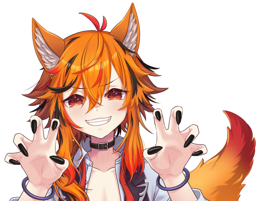 1girl animal_ears belt belt_collar black_belt black_hair black_nails black_vest bracelet claw_pose collar collarbone fingernails fox_ears fox_girl fox_tail grin hair_between_eyes highres jewelry kazami_kuku kemonomimi_mode large_variant_set long_bangs long_fingernails long_hair looking_at_viewer multicolored_hair nanashi_inc. open_clothes open_shirt open_vest orange_eyes orange_hair red_hair reona_kfc02 sharp_fingernails shirt simple_background smile solo tail transparent_background upper_body v-shaped_eyebrows variant_set vest virtual_youtuber white_shirt