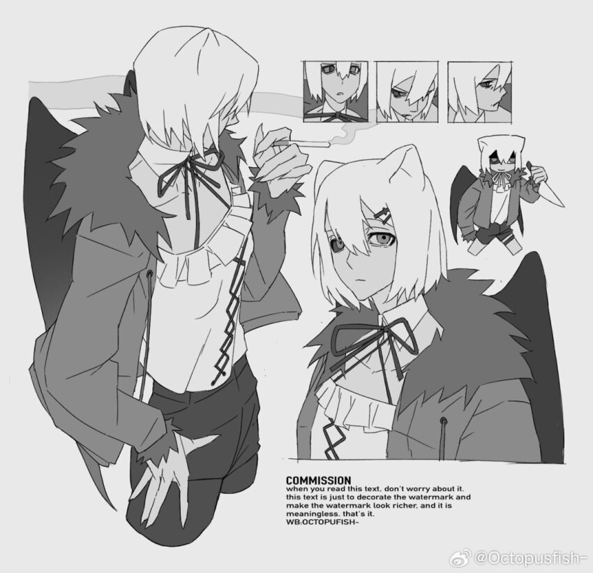 1girl animal_ears black_bow bow cat_ears octopusfish original simple_background smoke smoke_trail solo watermark weibo_watermark white_hair wings
