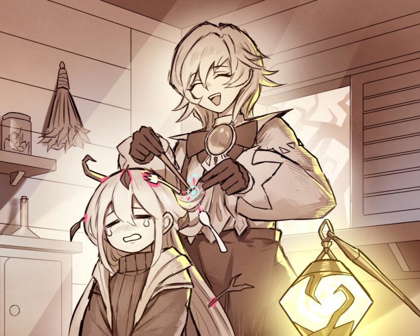 2girls astellar_of_the_white_forest closed_eyes diabellstar_the_black_witch duel_monster fork hucydin hut indoors lantern leaf leaf_on_head limited_palette medium_hair multiple_girls object_on_head overalls rucia_of_the_white_forest smile spoon sweater tearing_up yu-gi-oh!