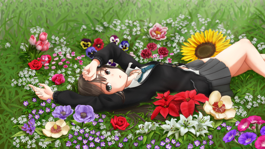 1girl black_hair blue_flower blue_pansy carnation commentary_request crocus_(flower) female_focus field flower flower_field ggxfan green_eyes highres idolmaster idolmaster_cinderella_girls jewelry long_hair looking_at_viewer lying multicolored_flower multicolored_rose navel necklace necktie pansy parted_lips pleated_skirt purple_flower purple_pansy red_carnation red_flower red_pansy rose school_uniform shibuya_rin skirt solo sunflower sunflower_field yellow_flower yellow_pansy