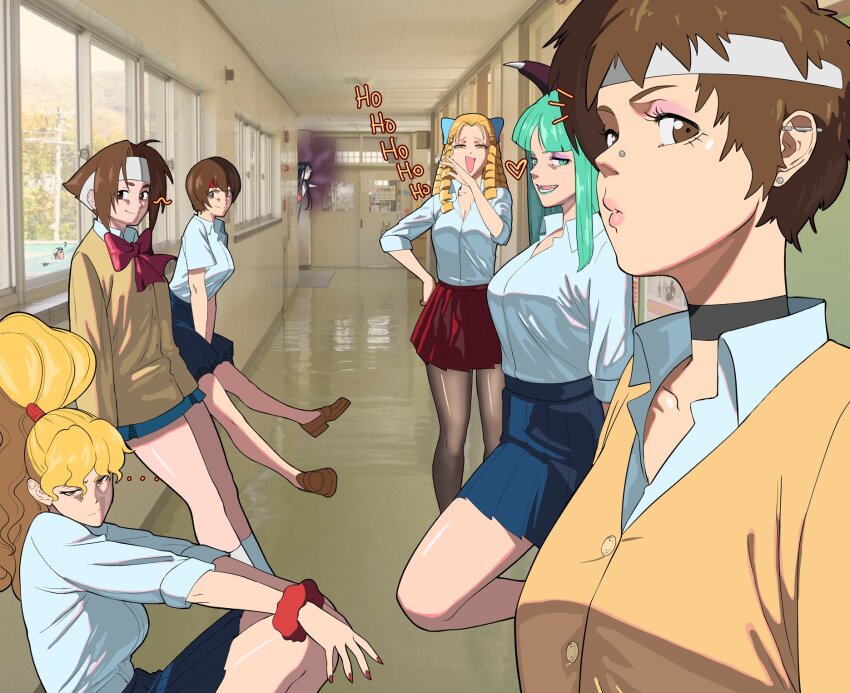 ... 6+girls ? aura black_hair blonde_hair blue_skirt bow breasts brown_eyes brown_hair brown_pantyhose brown_shoes buttons capcom capcom_fighting_collection character_request closed_mouth collared_shirt commentary dark_aura darkstalkers english_commentary face_piercing final_fight genryuusai_maki glasses green_eyes green_hair headband heart highres justice_gakuen kanzuki_karin kasugano_sakura loafers long_hair long_sleeves looking_at_viewer medium_breasts minazuki_kyouko morrigan_aensland multiple_girls nose_piercing octavius_(octavius_dp) ojou-sama_pose opaque_glasses open_mouth pantyhose piercing ponytail red_bow red_headband red_nails red_skirt school_uniform screenshot_background scrunchie shirt shoes short_hair short_sleeves skirt smile street_fighter the_king_of_fighters wakaba_hinata white_headband white_shirt wrist_scrunchie yellow_shirt yuri_sakazaki