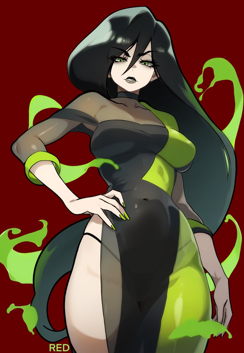 absurdres alternate_costume black_dress black_hair breasts colored_smoke dress fingernails green_eyes colored_smoke hand_on_own_hip highres kim_possible_(series) large_breasts lips long_hair red_background redpostit see-through_clothes sharp_fingernails shego smoke
