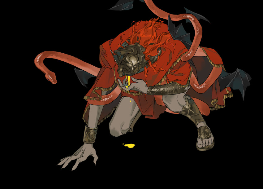 1boy all_fours bat_wings black_background cape covered_face elden_ring elden_ring:_shadow_of_the_erdtree fan_mu_zhang fringe_trim gladiator_sandals helmet highres liquid male_focus medium_hair messmer_the_impaler red_cape red_hair red_snake sandals simple_background snake solo wings