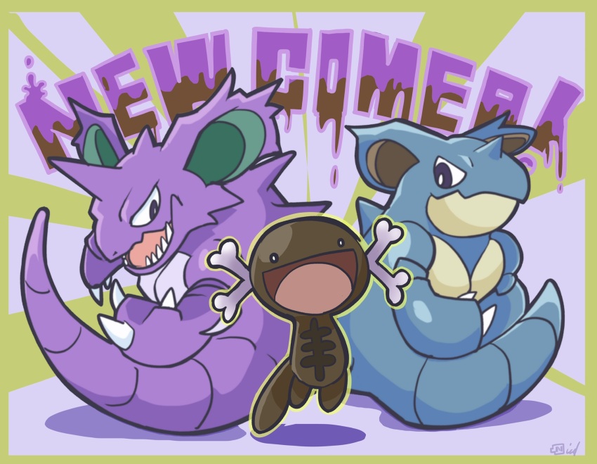 :d animal_focus closed_mouth commentary_request creatures_(company) english_text game_freak gen_1_pokemon highres horns nidoking nidoqueen nikkado nintendo no_humans open_mouth paldean_wooper pokemon pokemon_(creature) pokemon_focus sharp_teeth single_horn smile teeth